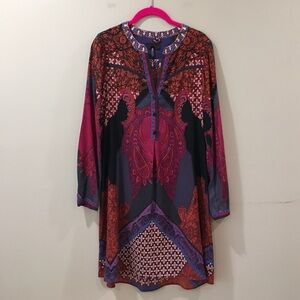 Hale Bob Silk Printed Long Sleeve Tunic Shift Dress Paisley Abstract Boho Sz XS